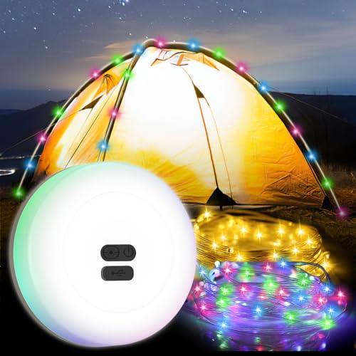 ORIA Camping Lichterkette, 2 in 1 Tragbare Lichterkette 10M, USB Wiederaufladbare Campinglampe mit 3 Beleuchtungsmodi, IPX4 Bunt Außenlichterketten für Camping, Terrasse, Wandern von ORIA