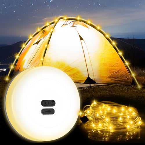 ORIA Camping Lichterkette, 2 in 1 Wasserdichte Camping-Lichter 10M, Tragbare Verstaubare Campinglampe, mit 3 Beleuchtungsmodi, Typ-C Aufladung, Hof Dekor Lichterkette für Außen Camping, Party von ORIA