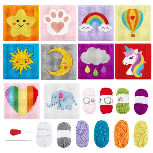 ORIGACH 10 Stück Kreuzstich Anfängerset für Einhorn Regenbogen Wolke Stern Muster Nadelspitze Starter Set Stickerei Stich Praxis Kit Nähen Set mit Anleitung von ORIGACH