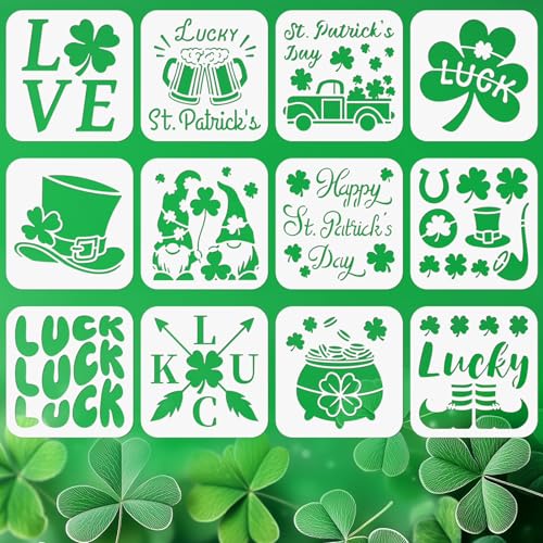 ORIGACH 12 Stück St. Patrick'S Day Schablonen Zum Malen Auf Holzwänden Wiederverwendbare Kleeblatt Zwerg Katzen LKW Malschablonen Für Stoff Leinwand Fenster Möbel Heimdekoration von ORIGACH