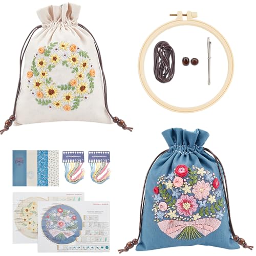 ORIGACH 2 Pack DIY Blume Stickerei Kordelzug Tasche Kits Handgemachte Floral Anfänger Stickerei Leinen Kordelzug Tasche Kit mit vorgedruckten Stoff, Reifen, Nadeln und Anleitungen von ORIGACH