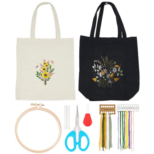 ORIGACH 2 Packungen DIY Canvas Tote Bag Stickerei Kit mit Gänseblümchen-Muster, Canvas Tote Bag Kreuzstich-Set für Erwachsene, komplette Stickerei Zubehör Kit mit Anleitung für Erwachsene von ORIGACH