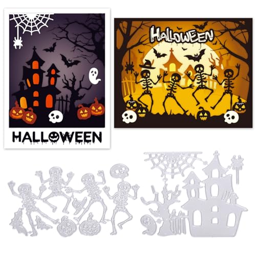 ORIGACH 2 Stück Halloween-Skelett-Metall-Stanzformen, Halloween Schloss-Stanzformen Schablonen, DIY, dekoratives Prägen, Scrapbooking, Kartenherstellung von ORIGACH