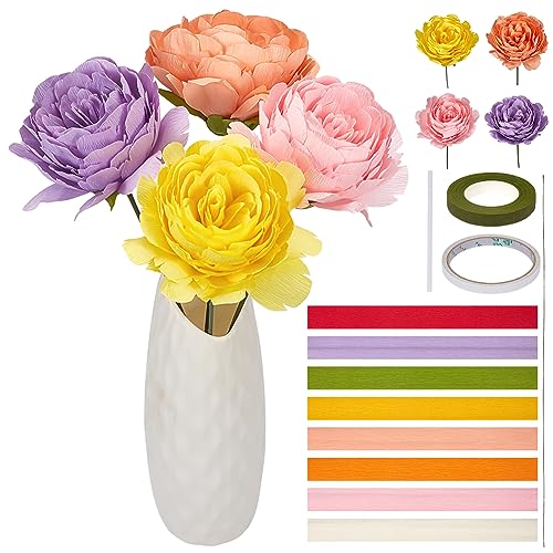 ORIGACH 25 Stück DIY Blumen Krepppapier Pfingstrose Kit, handgemachte Krepppapier Pfingstrose Handwerk Kit für Haus Dekor, enthalten Krepppapier, Florist Draht, Heißkleber Stick und Anleitung von ORIGACH