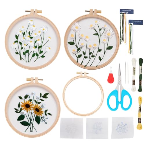 ORIGACH 3 Pack Gänseblümchen Organza Stickerei Kits für Anfänger, DIY Blume Transparent Stickerei Kit mit Organza Stoff, Stickerei Hoop, Fäden und Werkzeuge, Anleitungen für Erwachsene Frauen Crafting von ORIGACH