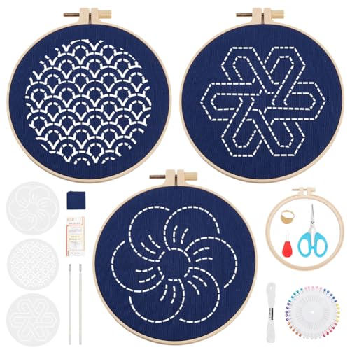 ORIGACH 3 Set DIY Sashiko Kit für Anfänger Erwachsene Mit Vorlage, englische Anleitung, Sashiko Stickerei Wände Decor Kit Inklusive Faden Nadeln Handnäharbeit Aus Stoff Und Reifen von ORIGACH