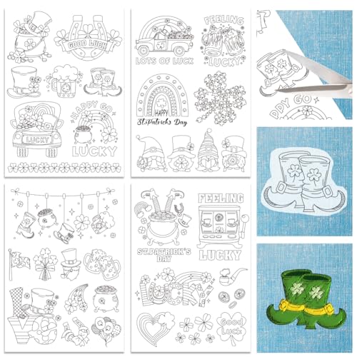 ORIGACH 4 Blatt Saint Patrick's Day wasserlösliche Stickmuster Stabilisatoren – vorgedruckte Glückskleeblatt-Zwerg Hut & LKW Designs – Stick- und Stich-Stickpapier für Handnähliebhaber von ORIGACH