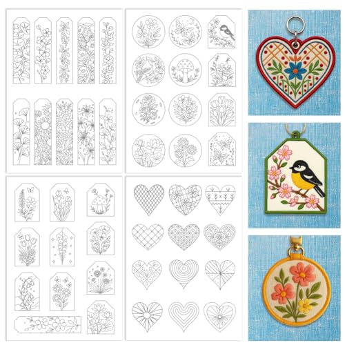 ORIGACH 4 Bögen wasserlösliche Stickmuster-Stabilisatoren – vorgedruckte Blumen-Lesezeichen- und Herz-Designs – Stickpapier für Handnähliebhaber ORIGACH 4 Bögen wasserlösliche Stickmuster-Stabilisatoren – vorgedruckte Blumen-Lesezeichen- und Herz-Designs – Stickpapier für Handnähliebhaber von ORIGACH