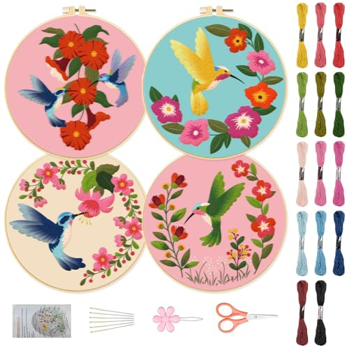 ORIGACH 4 Pack Blumen und Kolibri Stickerei Kits für Anfänger, DIY Starter Hand Stickerei Kit mit Blumen und Vögel Muster und Anleitungen für Erwachsene Frauen Crafting von ORIGACH