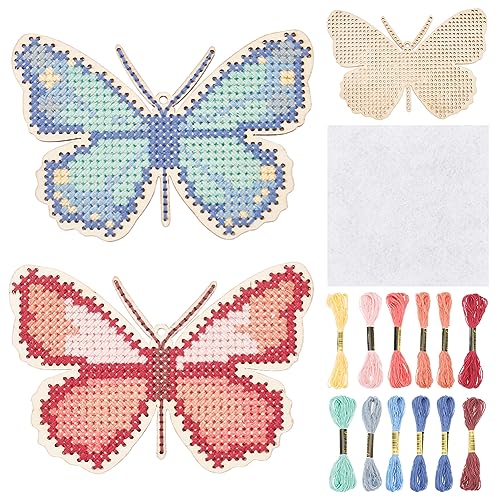 ORIGACH 4 Pcs DIY Schmetterling hölzerne Kreuzstich-Kits für Anfänger DIY Schmetterling hölzerne Dekoration Kits enthält 4 hölzerne Kreuzstich-Rahmen, 21 Stickgarn, 4 Nadeln, 4 Filz, Anleitung von ORIGACH