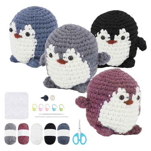 ORIGACH 4 Set Pinguin Häkelset für Anfänger Pinguin Häkelset für Anfänger, komplettes Häkelset für 4 Pinguine, inklusive Garn, Augen, Füllung, Häkelnadeln, Marker und Anleitung von ORIGACH