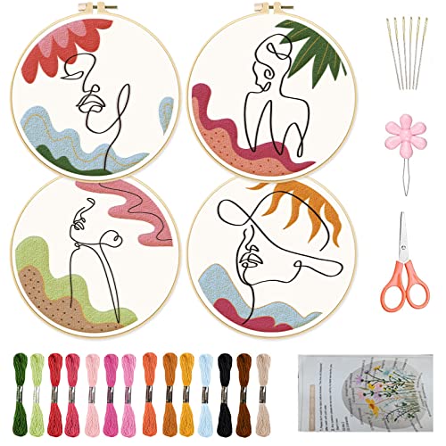 ORIGACH 4 Stück Abstrakte Frau Linien Stickerei Starter Kits für Anfänger Minimalist Feminine Linie Stickerei Praxis Kit enthalten Stickerei Stoff, Stickerei Hoops, Fäden und Nadeln von ORIGACH