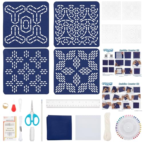 ORIGACH 4 Stück DIY Sashiko Untersetzer Set Für Anfänger Und Erwachsene Einfaches Sashiko Stickerei Set Sashiko Übungsprojekt Set Mit Acryl Vorlage Anleitung Gewinde Nadeln Stoff von ORIGACH