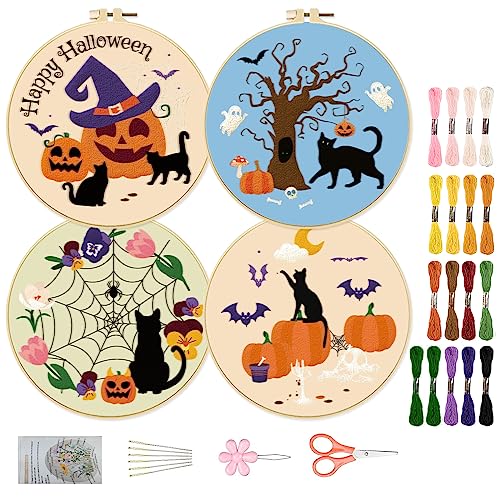 ORIGACH 4 Stück Halloween Stickerei Anfänger Kit, Kürbis, Schwarze Katze Geist Spinnennetz Fledermaus Stickerei Stich Praxis Kit, enthalten Sticktuch, Stickrahmen, Fäden und Nadeln von ORIGACH