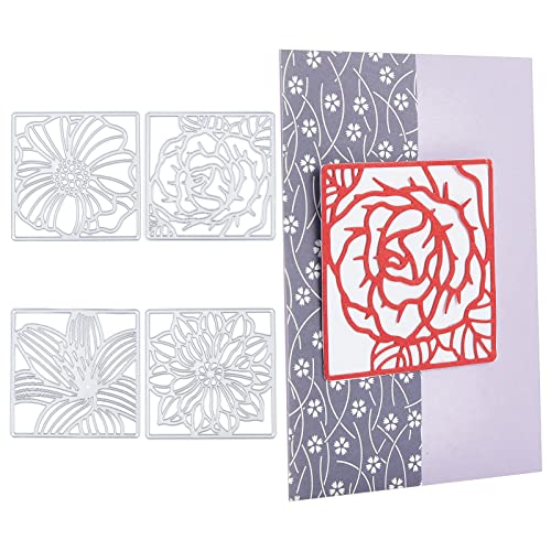 ORIGACH 4 Stück Metall Blumenrahmen Stanzformen für Kartenherstellung Blumenrahmen Prägeschablonen Quadratische Metallstanzformen Schablonenform für DIY Lesezeichen Scrapbooking Kartendekoration von ORIGACH