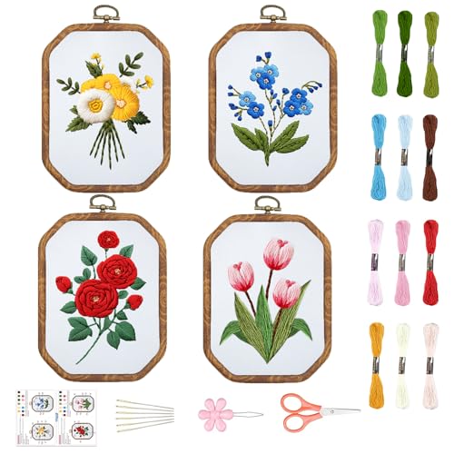 ORIGACH 4 Stück Stickset für Anfänger, DIY Gestempelt Blumen Sticken Set Erwachsene Stickerei Set mit Anleitung, Farbfäden, Stickrahmen und Werkzeuge von ORIGACH