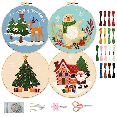 ORIGACH 4 Stück Weihnachten Thema Stickerei Starter Kit für Anfänger, Weihnachtsbaum Bär Elch Winter Hütte Stickerei Praxis-Kit enthalten Stickerei Stoff, Stickerei Hoops, Fäden und Nadeln von ORIGACH