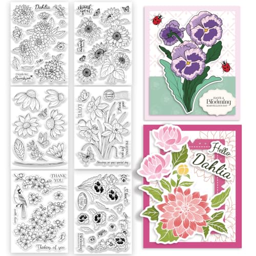 ORIGACH 6 Set Blumen Silikonstempel Karten Gummistempel Transparente Stempel Für Papierkarten Basteln Journaling Fotoalbum Dekoration Und DIY Scrapbooking von ORIGACH