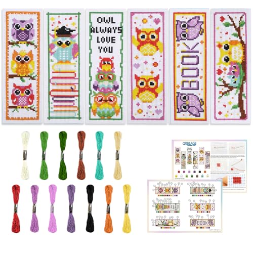 ORIGACH 6 Set Kreuzstich Lesezeichen Kit für Anfänger Eule Muster DIY gestempelt Stickerei Lesezeichen Kit mit 13 Farben Stickgarn Anleitung von ORIGACH