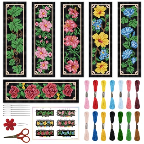 ORIGACH 6 Set Lesezeichen Kreuzstich Kits, Blumen Und Rankenmotiv Anfänger Kreuzstich Set Mit Anleitung Vorgedruckt Lesezeichen Kreuzstich Set für Erwachsene, 20x6 cm von ORIGACH