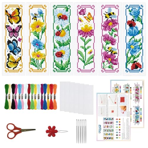 ORIGACH 6 Set Lesezeichen Kreuzstich Kits, Blumen Und Schmetterlinge Anfänger Kreuzstich Set Mit Anleitung Vorgedruckt Lesezeichen Kreuzstich Set für Erwachsene, 20x6 cm von ORIGACH