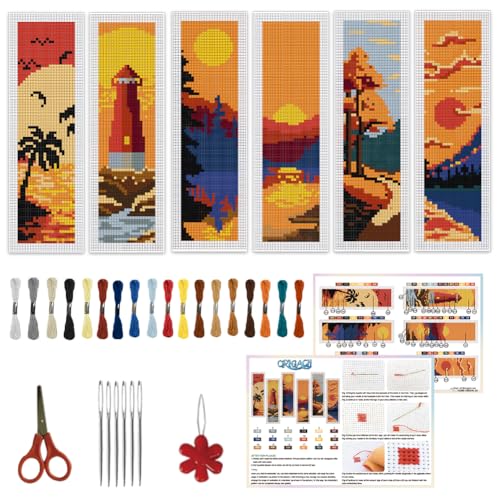 ORIGACH 6 Set Lesezeichen Kreuzstich Kits, Sonnenuntergangslandschaften Anfänger Kreuzstich Set Mit Anleitung Vorgedruckt Lesezeichen Kreuzstich Set für Erwachsene, 20x6 cm von ORIGACH