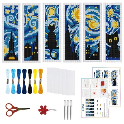 ORIGACH 6 Set Lesezeichen Kreuzstich Kits, Sternennacht Und Schwarze Katze Anfänger Kreuzstich Set Mit Anleitung Vorgedruckt Lesezeichen Kreuzstich Set für Erwachsene, 20x6 cm von ORIGACH