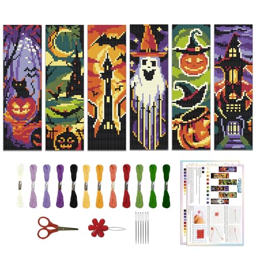 ORIGACH 6 Stück Halloween Kreuzstich Lesezeichen Kit für Anfänger DIY gestempelt Stickerei Lesezeichen Kit für Starter gedruckt Kreuzstich Kit mit Anleitung für Buchliebhaber 20x6cm von ORIGACH