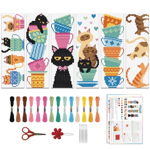 ORIGACH 6 Stück Lesezeichen Kreuzstich Kits, Katzen Teetasse Anfänger Kreuzstich Set Mit Anleitung Vorgedruckt Lesezeichen Kreuzstich Set für Erwachsene, 20x6 cm von ORIGACH