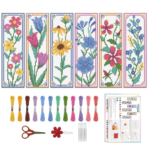 ORIGACH 6 Stück Lesezeichen Kreuzstich Kits, Sonnenblumen Tulpen Anfänger Kreuzstich Set Mit Anleitung Vorgedruckt Lesezeichen Kreuzstich Set für Erwachsene, 20x6 cm von ORIGACH