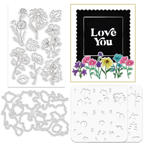 ORIGACH Blume Schichtung Färbung Schablone Stempel und Stanzformen Set Blumen Malen Basteln Schablonen Silikonstempel und Stanzen Zur Kartengestaltung Für Papierkarten Journaling Fotoalbum Dekoration von ORIGACH