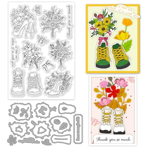 ORIGACH Blumen und Schuhe klare Stempel und Stanzformen Set für Kartenherstellung Paare Dating Silikon Stempel Stanzen stirbt für DIY Scrapbooking Journaling Fotoalbum Handwerksbedarf von ORIGACH