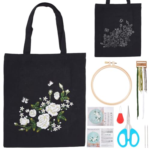 ORIGACH Canvas Tote Bag Stickset mit weißem Rosenmuster für Anfänger, Blumenstickerei Umhängetaschen-Set für Erwachsene, komplettes Stickzubehör-Kit mit Anleitung für Erwachsene von ORIGACH