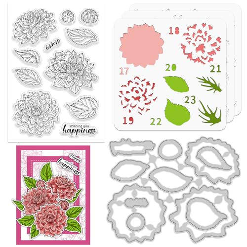 ORIGACH Dahlia Layering Schablonenstempel Und Stanzset Zur Kartengestaltung Blumen Schablonenvorlage Silikon Stempel Und Metall Stanzformen Sets Für DIY Scrapbooking Fotoalbum Basteln von ORIGACH