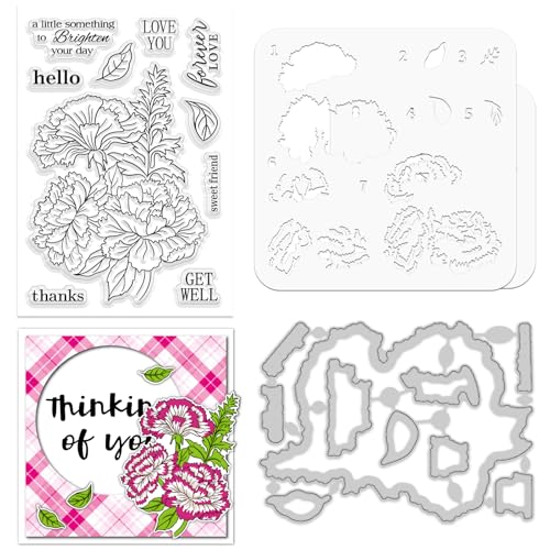 ORIGACH Dianthus Schichtung Layering Schablonenstempel Und Stanzset Zur Kartengestaltung Blumen Schablonenvorlage Silikon Stempel Und Metall Stanzformen Sets Für DIY Scrapbooking Fotoalbum Basteln von ORIGACH