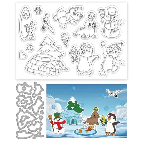 ORIGACH Eiswinter Stempel und Stanzformen Set Südpol-Tiere Silikonstempel und Stanzen Zur Kartengestaltung Für Papierkarten Basteln Journaling Fotoalbum Dekoration Und DIY Scrapbooking von ORIGACH