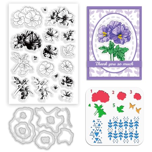 ORIGACH Geranium Layering Schablone Stempel und Stanzschablone Set für Kartenherstellung, Blumenschablone Schablone Silikon Klar Stempel und Metall Stanzformen Sets für DIY Scrapbooking Fotoalbum von ORIGACH