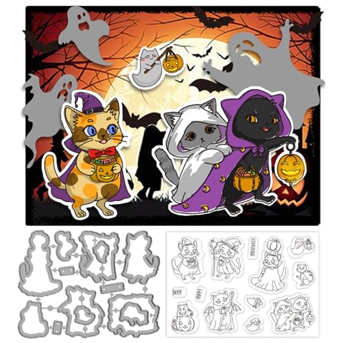 ORIGACH Halloween Katze Clear Stamps und Stanzformen für Kartenherstellung, Katze Silikon Transparent Stempel und Stanzformen Set für Halloween DIY Handwerk Scrapbooking Fotoalbum Journaling von ORIGACH