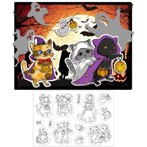 ORIGACH Halloween Katze Silikonstempel, Katze Klare Stempel Karten Gummistempel Transparente Stempel Für Papierkarten Basteln Journaling Fotoalbum Dekoration Und DIY Scrapbooking von ORIGACH