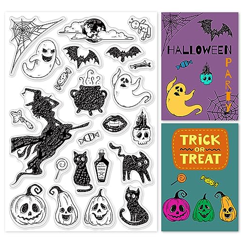 ORIGACH Halloween Klarer Stempel für Kartenherstellung Halloween Hexe Kürbis Geist Schädel Fledermaus Schwarze Katze Transparente Silikonstempel für DIY Scrapbooking Journaling Fotoalbum Dekorativ von ORIGACH