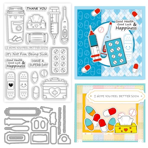 ORIGACH Krank Thema Klare Stempel und Stanzformen Set für die Herstellung von Gute Besserung Karte krank Silikon Stempel Stanzen für DIY Scrapbooking Album dekorative von ORIGACH