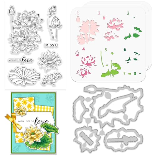 ORIGACH Lotus Layering Schablonenstempel Und Stanzset Zur Kartengestaltung Blumen Schablonenvorlage Silikon Stempel Und Metall Stanzformen Sets Für DIY Scrapbooking Fotoalbum Basteln von ORIGACH