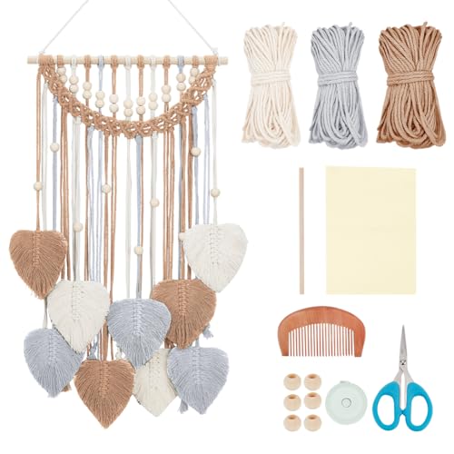 ORIGACH Makramee Wandbehang Set für Anfänger, Makramee Blatt Wandbehang Kit Mit Anleitung Makramee Knüpf-Set Zum Basteln und Knüpfen Set für Dekoration, HellBraune Beige Und Grau von ORIGACH