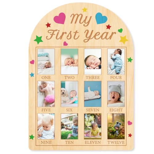 ORIGACH Mein Erstes Jahr Fotoanzeige aus Holz, Personalisierter Bilderrahmen Baby Meilensteintafel Für Neugeborene Babys Geburtstag Kinderzimmer Dekor, Buntes Herz Und Stern von ORIGACH