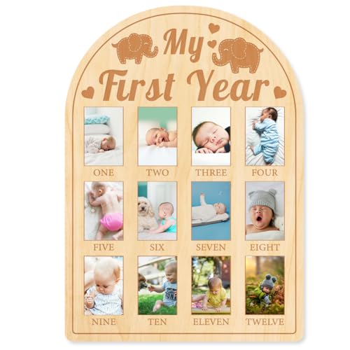 ORIGACH Mein Erstes Jahr Fotoanzeige aus Holz, Personalisierter Bilderrahmen Baby Meilensteintafel Für Neugeborene Babys Geburtstag Kinderzimmer Dekor, Elefant von ORIGACH