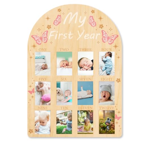 ORIGACH Mein Erstes Jahr Fotoanzeige aus Holz, Personalisierter Bilderrahmen Baby Meilensteintafel Für Neugeborene Babys Geburtstag Kinderzimmer Dekor, Libellen Design von ORIGACH