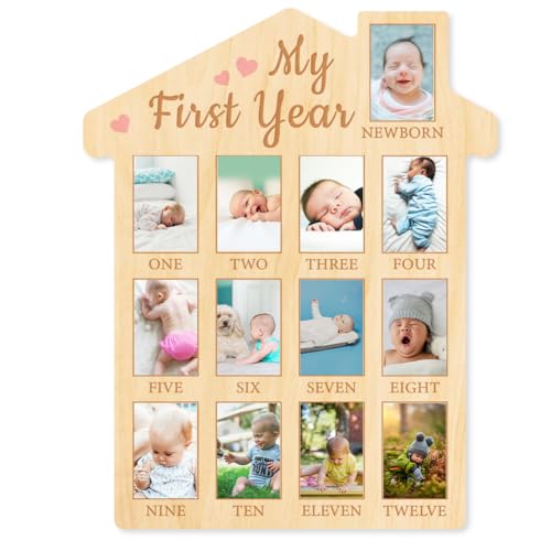 ORIGACH Mein Erstes Jahr Fotoanzeige aus Holz, Personalisierter Bilderrahmen Baby Meilensteintafel Für Neugeborene Babys Geburtstag Kinderzimmer Dekor, Rosa Herz von ORIGACH