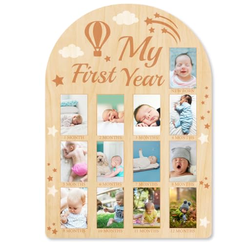 ORIGACH Mein Erstes Jahr Fotoanzeige aus Holz, Personalisierter Bilderrahmen Baby Meilensteintafel Für Neugeborene Babys Geburtstag Kinderzimmer Dekor, Sterne und Wolken Design von ORIGACH