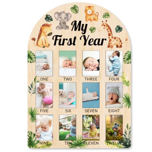 ORIGACH Mein Erstes Jahr Fotoanzeige aus Holz, Personalisierter Bilderrahmen Baby Meilensteintafel Für Neugeborene Babys Geburtstag Kinderzimmer Dekor, Tiere und Blätter Design von ORIGACH