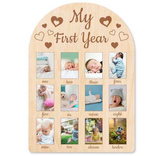 ORIGACH Mein erstes Jahr Foto Display Holzbrett - 12 Monate Neugeborenen Meilensteine Bilderrahmen - Neutral Baby Fotorahmen Geburtstag Party Kinderzimmer Dekoration neue Mutter Geschenk - Herz-Muster von ORIGACH